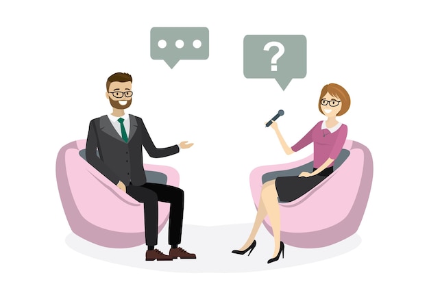 Beautiful caucasian woman reporter interviews handsome businessman People sitting in armchairs