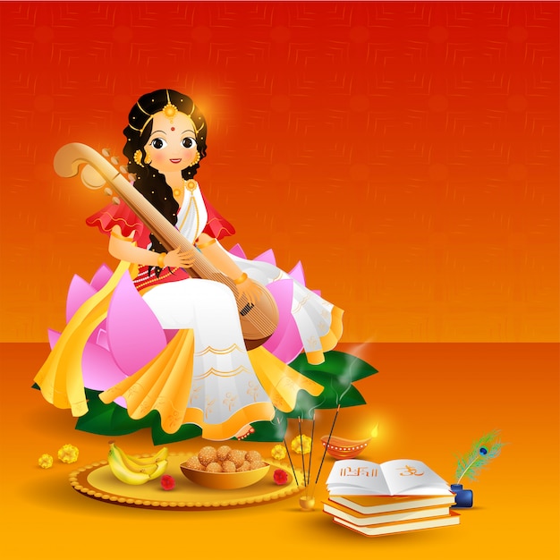 Vector beautiful character of goddess saraswati with illustration of re