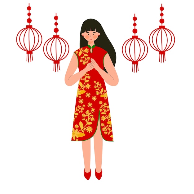 Vector beautiful chinese girl greeting happy lunar new year flat design character .