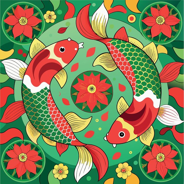 Vector beautiful chinese pattern with red and green carp on colorful background for lifestyle design