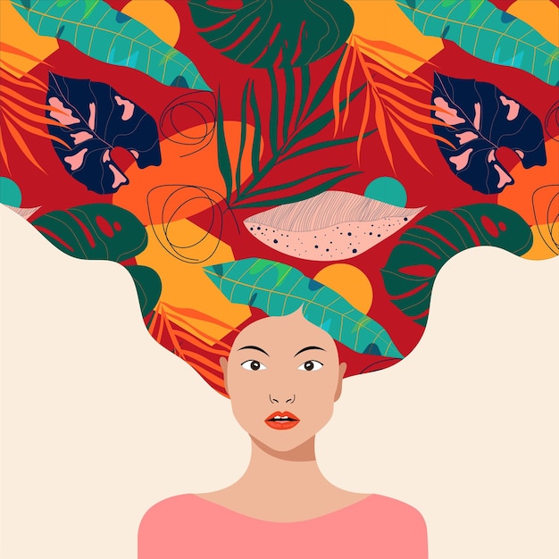熱帯の葉の髪を持つ美しい中国人女性。パターン.イラスト