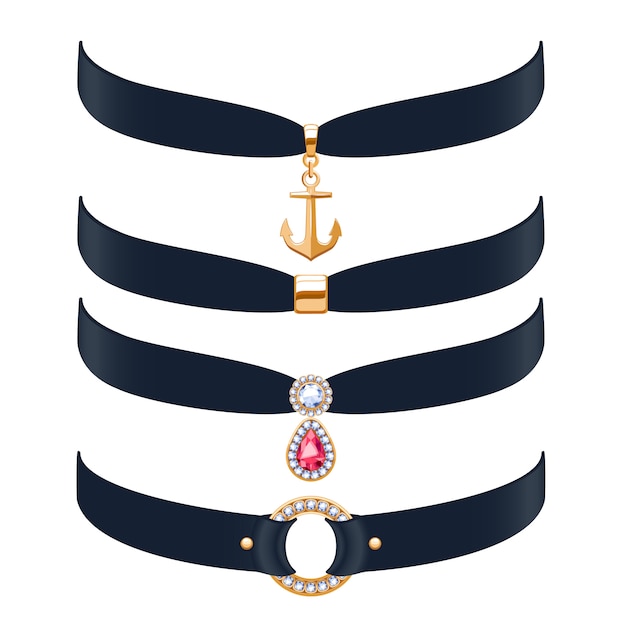 Beautiful choker necklaces set  illustration. Jewelry with gemstone and gold pendants.  illustration. Good for beauty fashion jewel shop .