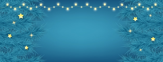 Vettore bella cartolina di natale su sfondo blu. elemento di decorazione natalizia con ghirlande di luci e rami di abete. felice anno nuovo sfondo