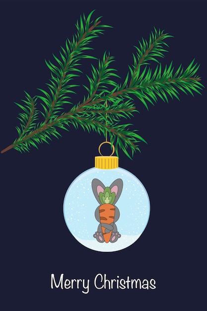 Beautiful Christmas card A Christmas tree toy with a rabbit the symbol of 2023 hangs on a branch