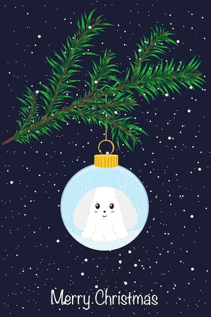 Beautiful Christmas card A Christmas tree toy with a rabbit the symbol of 2023 hangs on a branch