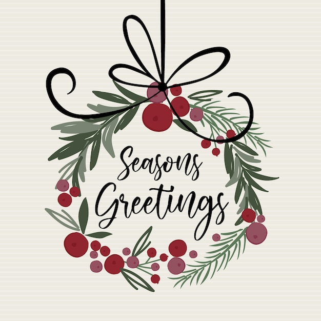 Bella ghirlanda di decorazioni natalizie con la scrittura di auguri di stagioni, illustrazione vettoriale tradizionale di natale