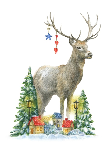 A beautiful Christmas deer stands by snowy trees and colorful houses with yellow lanterns.