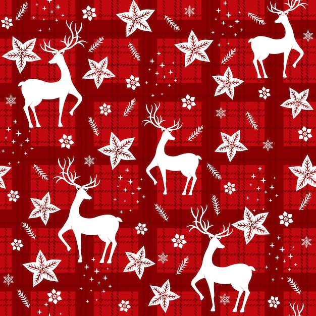 Bellissimo motivo natalizio senza cuciture con splendidi cervi, fiocchi di neve e stelle