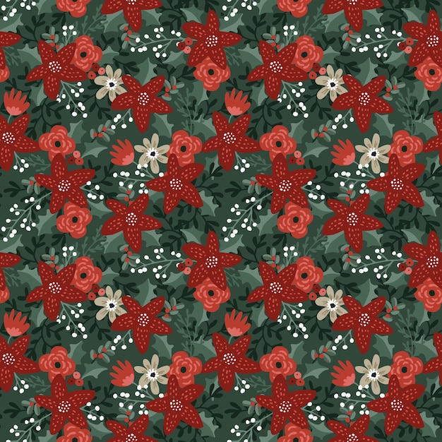 ポインセチアの花の赤いヒイラギの果実とリーブソンの緑の背景と美しいクリスマスのシームレスなパターン 包装紙 srapbooking テキスタイル ベクトル図の冬花柄