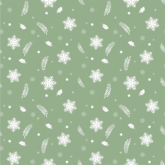 Beautiful Christmas seamless pattern with snowflakes and leaves in sage green background