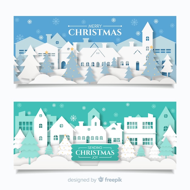 Beautiful christmas town banners in paper style