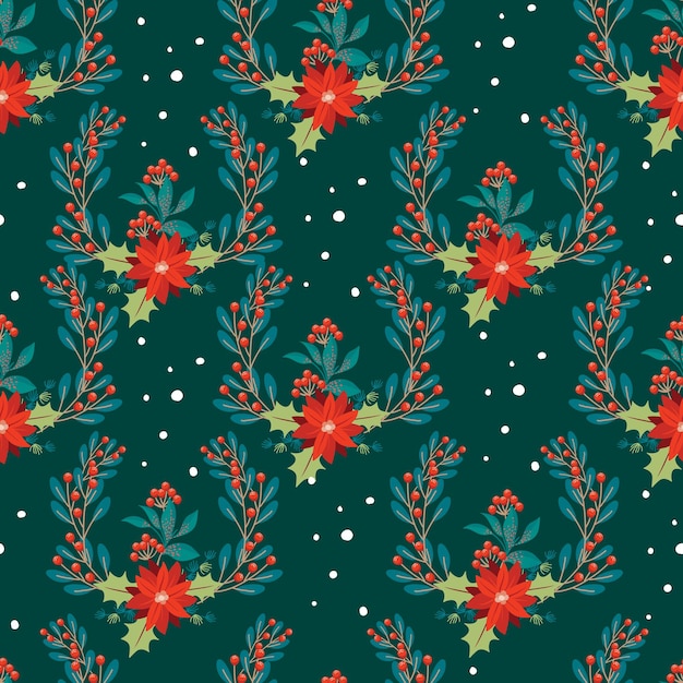 Vettore bella corona di natale fiore e foglie felice anno nuovo modello senza cuciture con ornamento di natale illustrazione vettoriale design per l'involucro di carta da parati in tessuto di moda e tutte le stampe