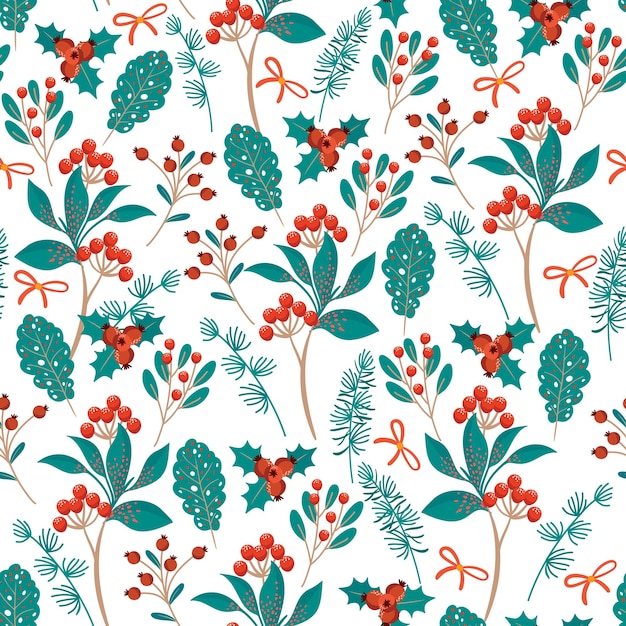 Beautiful christmas wreath flower and leaves happy new year seamless pattern with christmas ornament vector illustration design for fashion fabric textile wallpaper wrapping and all prints