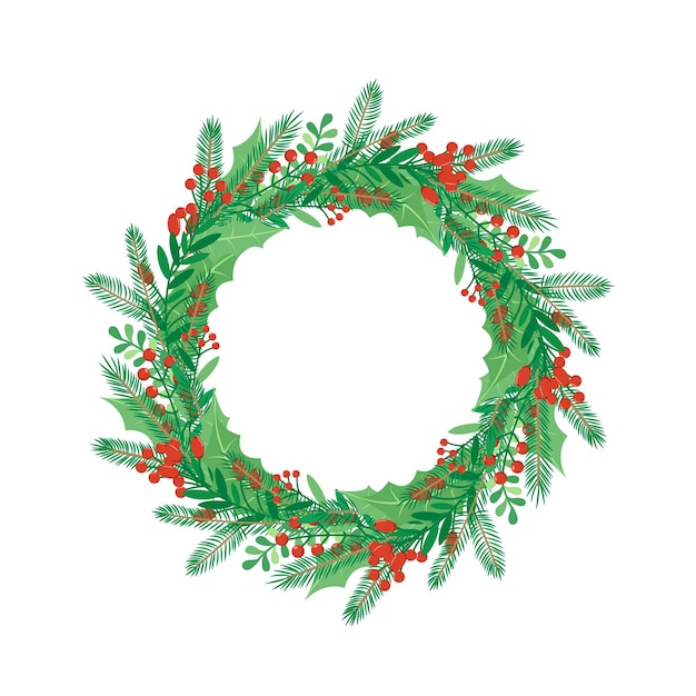 Beautiful Christmas wreath of holly berries fir tree branches leaves Cartoon vector