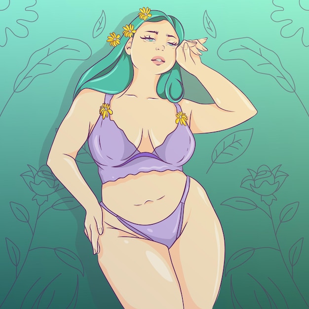 Vector beautiful chubby girl in lingerie and flowers background