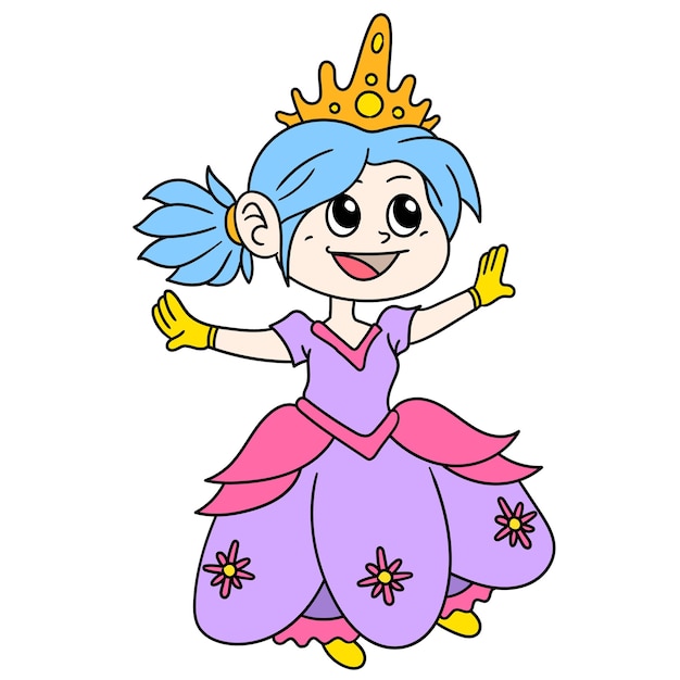 La bella principessa cenerentola in costume sta arrivando alla festa, immagine dell'icona scarabocchio. personaggio dei cartoni animati carino doodle disegnare