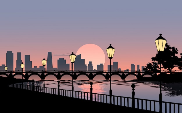 Vector beautiful city illustration with bridge and street lights