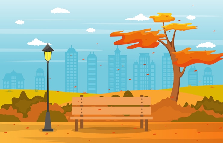 Vector beautiful city park in fall autumn with building skyline illustration