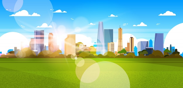 Vector beautiful city skyline with sunlight over skyscrapers buildings cityscape concept horizontal illustration