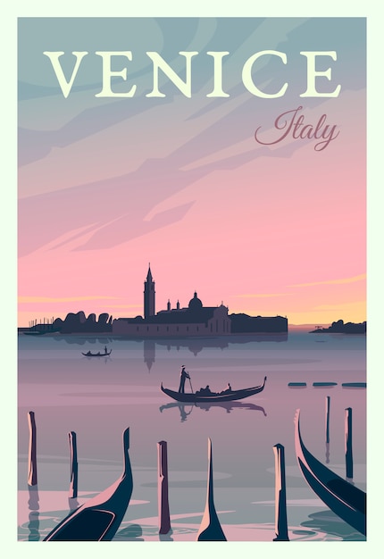 Vettore bellissimo paesaggio urbano nel tramonto a venezia con edifici storici, mare, gondole. tempo di viaggiare intorno al mondo. poster di qualità italia.