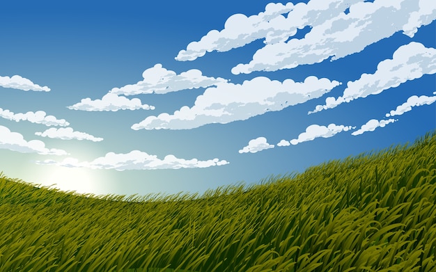 Vector beautiful cloudy blue sky in meadow