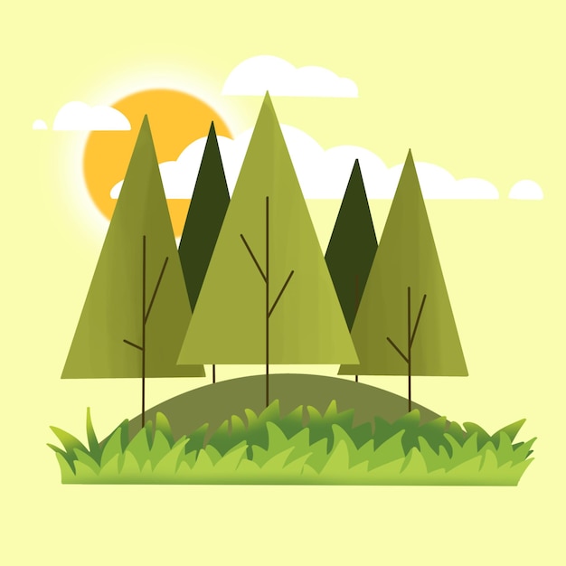 Вектор Красивая цветная деревянная природа весеннего или летнего сканирования с деревьями, холмами и кустами