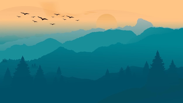 Premium Vector  Blue mountains and sun minimalist wallpaper for computer