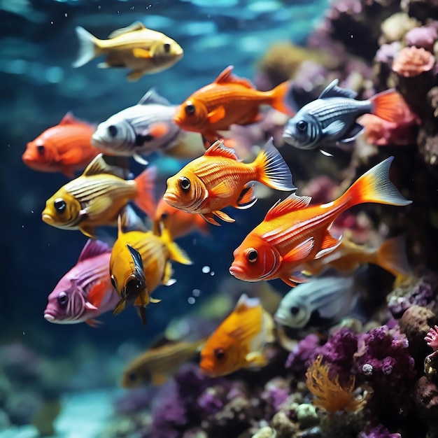 Beautiful and colorful fishes swimming in the deep sea water