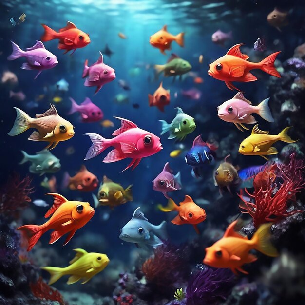 Beautiful and colorful fishes swimming in the deep sea water
