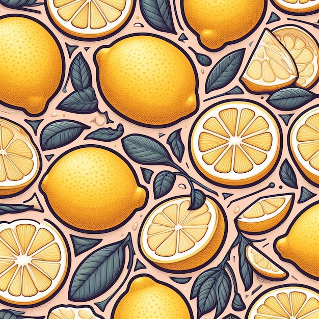 Beautiful Colorful Fresh Lemon Fruits Pattern Wallpaper Seamless Vector Illustration Drawing Icon