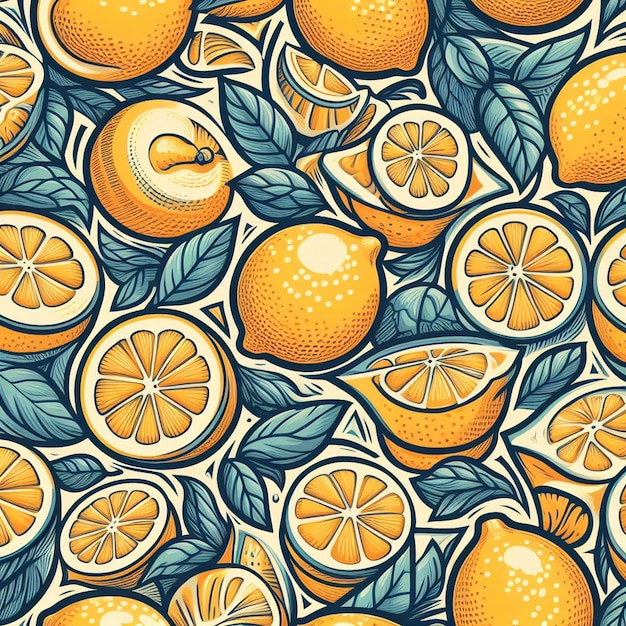 Beautiful Colorful Fresh Lemon Fruits Pattern Wallpaper Seamless Vector Illustration Drawing Icon