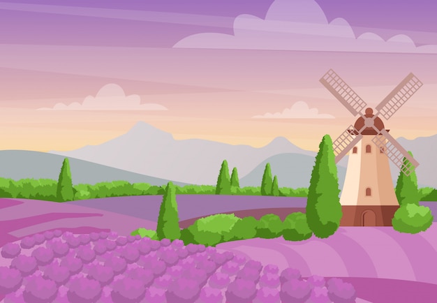 Vector beautiful colorful landscape with windmill on the lavender fields. lavender landscape with mountains and sunset. provence concept in flat style.