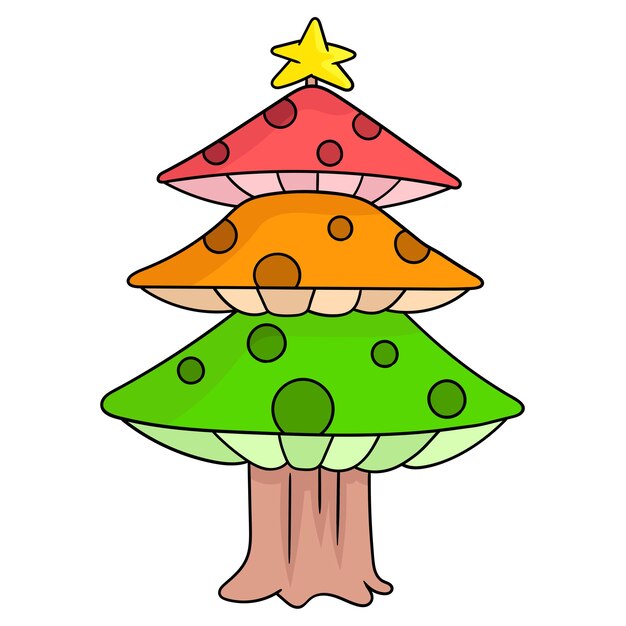 Bellissimo albero di natale colorato a forma di fungo cartone animato emoticon doodle icona disegno vettoriale illustrazione