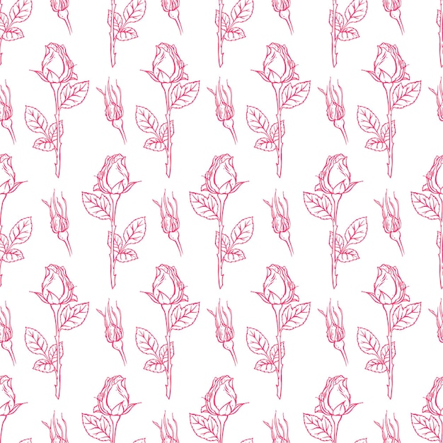 白い背景の上のピンクのスケッチのバラの美しいカラフルなシームレスな背景。手描きイラスト