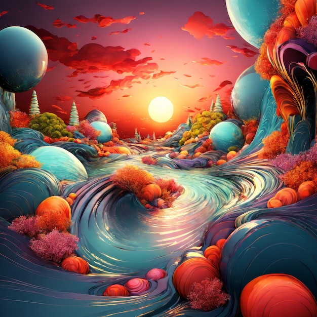 아름답고 다채로운 일몰 추상 그림 3D 일러스트레이션 아름다운 다채로운 해가 지는 추상