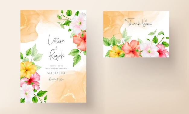 Bellissimo set di carte di nozze di fiori di ibisco dell'acquerello colorato