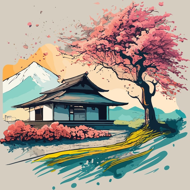 Beautiful composition Japanese traditional house by the river next to cherry blossoms Japanese co