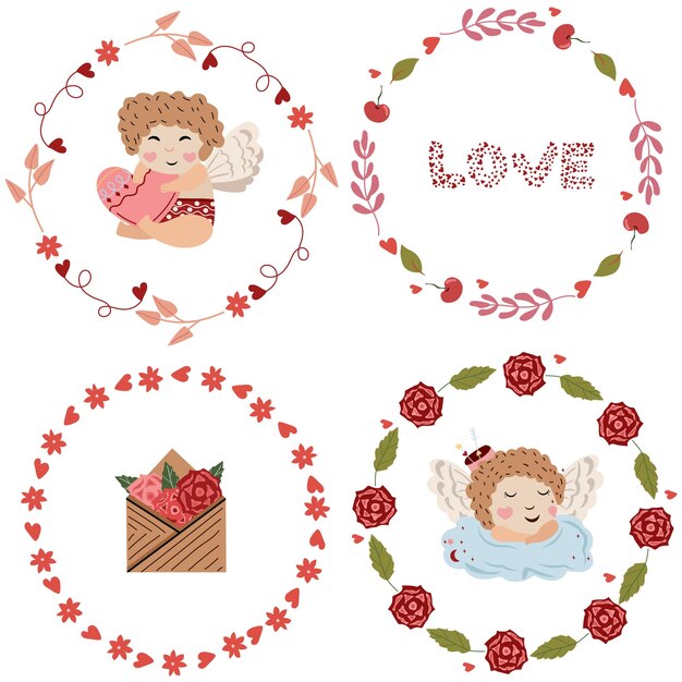 Beautiful compositions with flower wreaths and a cute cupid, a postcard with roses, and other