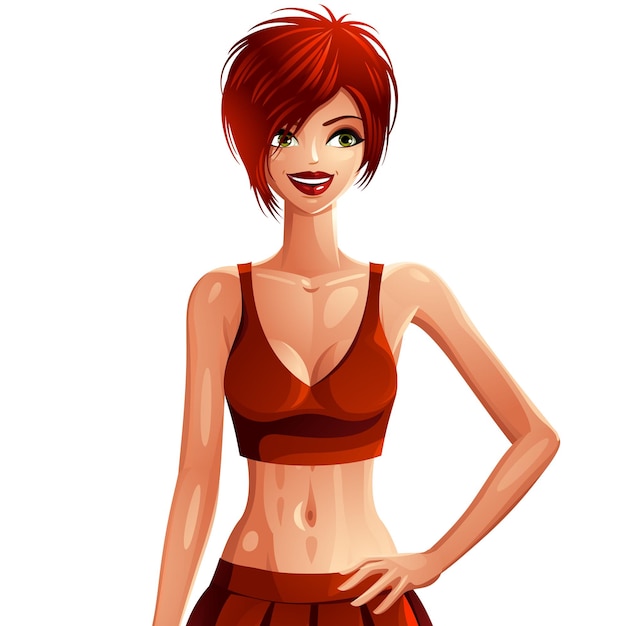 Beautiful coquette active lady illustration, gorgeous slim red-haired girl with a hand on a waist. Slender Caucasian woman in a sportswear. Sport, fitness and healthy lifestyle idea.