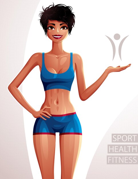 Beautiful coquette lady illustration, full body portrait of a sexy slim brunette showing at some empty copy space with her hand. young pretty woman holding her hand on a waist. sport and fitness theme