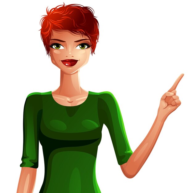 Vector beautiful coquette lady illustration, upper body portrait of a sexy slim red-haired girl pointing at something to side with her finger. pretty caucasian woman isolated on white backdrop.