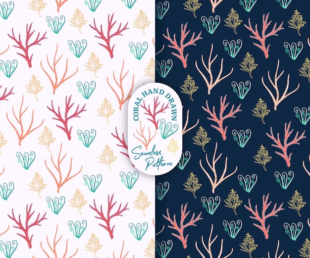 Beautiful coral hand drawn style with pink and navy seamless pattern