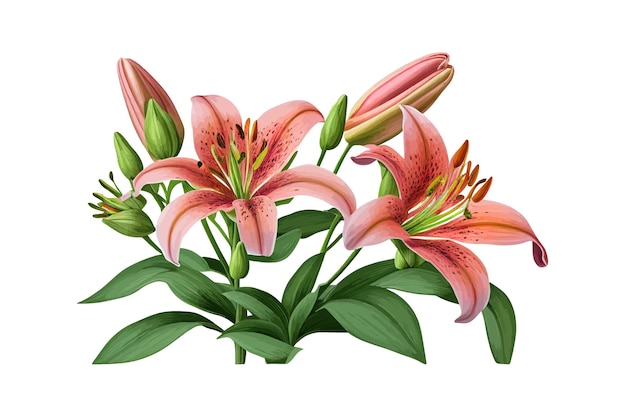 Beautiful coral pink lily flowers with green leaves vector illustration desing