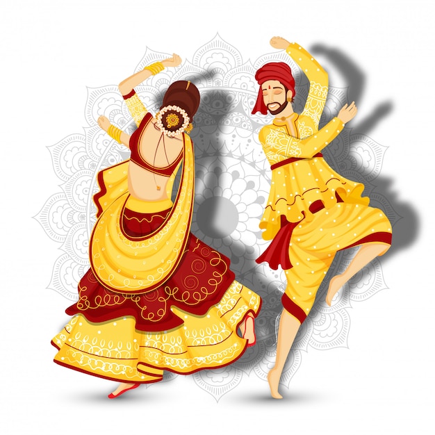 Vector beautiful couple character dancing garba pose on white mandala floral background.