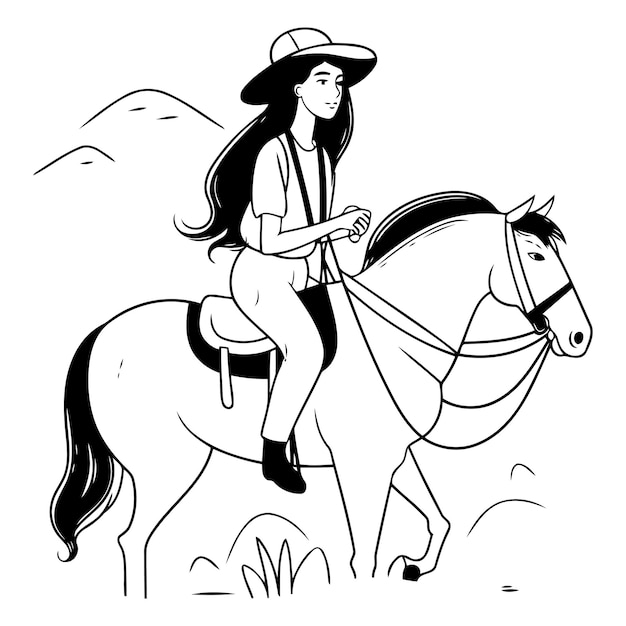 Vector beautiful cowgirl riding a white horse in cartoon style