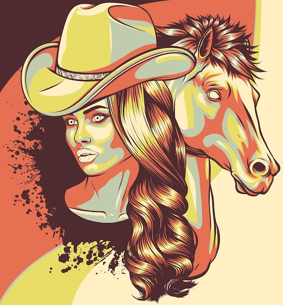 Vettore bella cowgirl che indossa cappello da cowboy e testa di cavallo