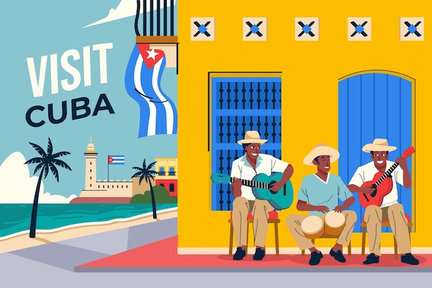 Bella destinazione cubana con persone che suonano strumenti illustrazione