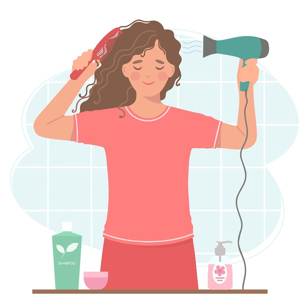Beautiful curly-haired woman dries her hair with a hair dryer. She's holding a hair dryer and a hairbrush. Vector
