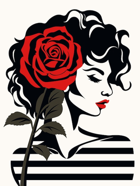 Vector beautiful curly haired woman holding rose vector illustration on isolated background