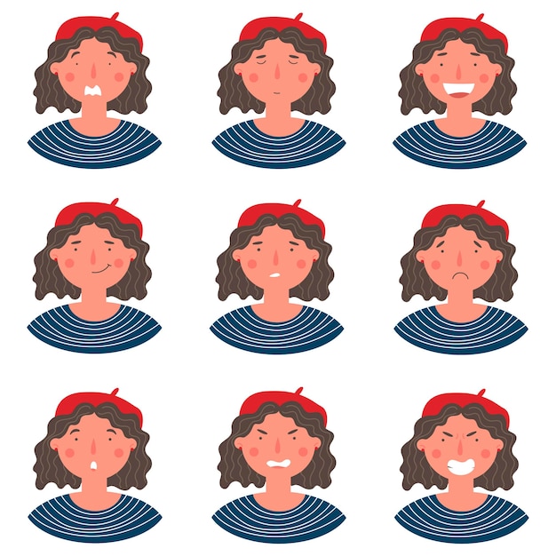 Vector beautiful curly woman in biret portrait with various facial expressions set isolated on white background. young girl smiling, happy, fear, kind, angry, greeting emotions face vector character.